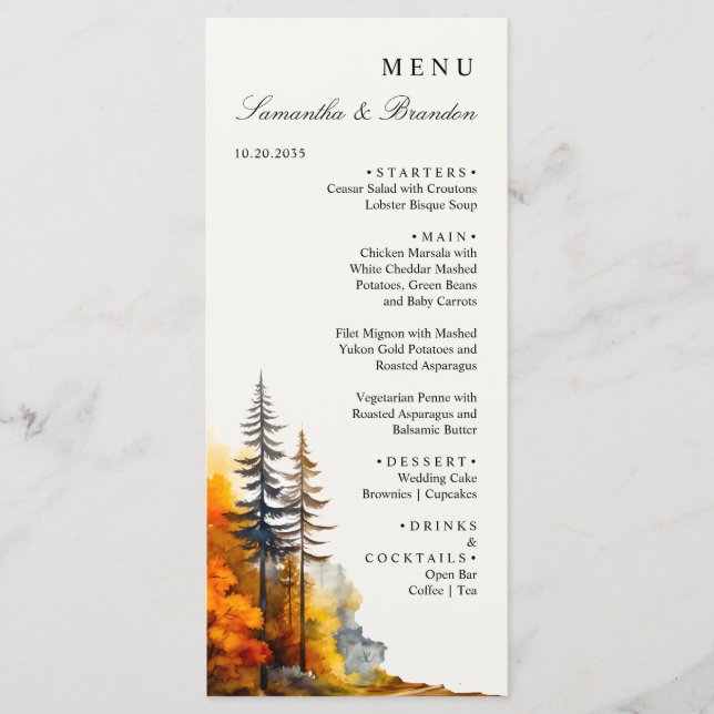 Bois d'automne, Forêt d'automne Mariage Dîner Menu (Devant)