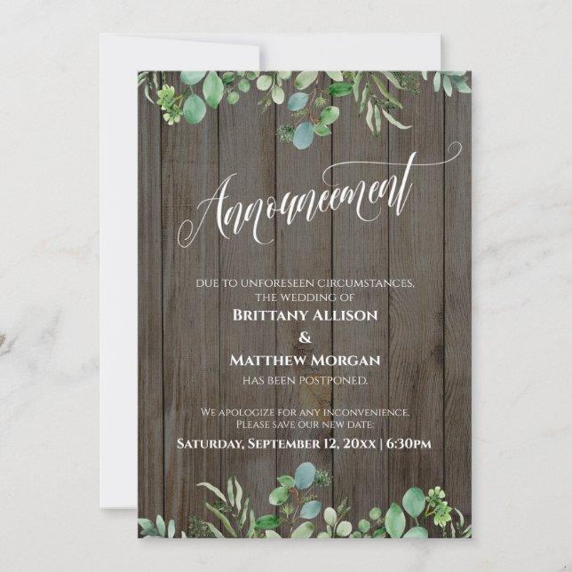 Bois et Eucalyptus Reporté Faire-part Mariage (Devant)