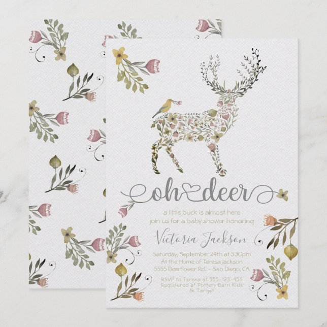 Bois Floral Oh Deer Baby shower Invitation (Devant / Derrière)