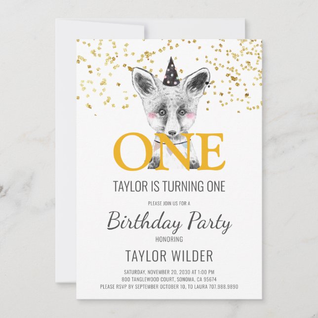 Bois Fox Watercolor 1er Invitation anniversaire (Devant)