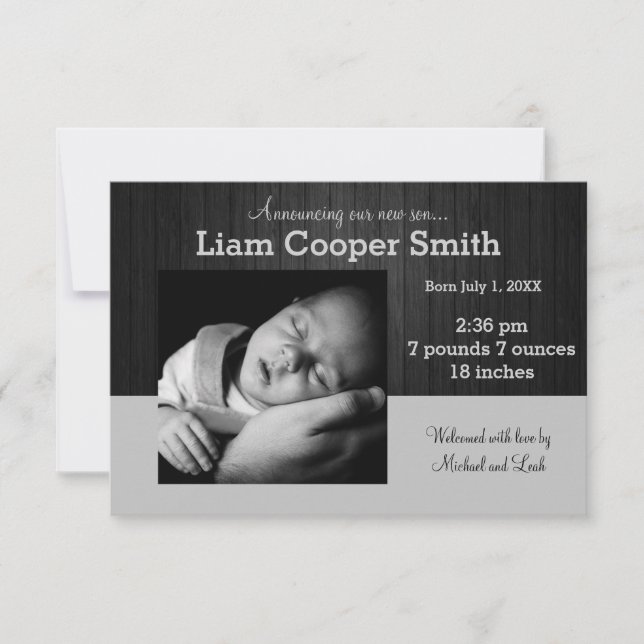 Bois gris/noir avec photo - 3x5 Faire-part de nais (Devant)