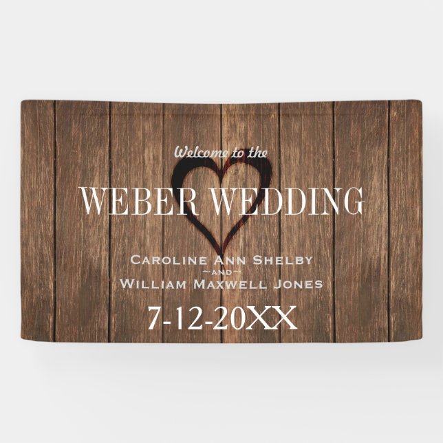 Bois rustique et Bannière Mariage de coeur gravé (Horizontal)