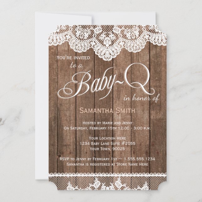Bois rustique et dentelle bébé Q Invitation douche (Devant)
