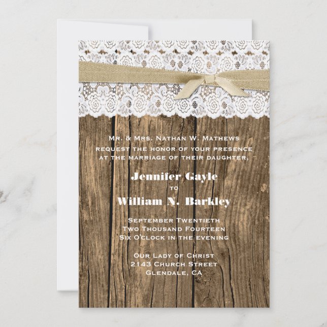 Bois rustique et dentelle invitation de mariage pe (Devant)