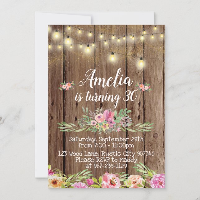 Bois rustique et fleurs Invitation d'anniversaire (Devant)