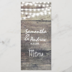 Bois rustique et lumières à cordes menu mariage