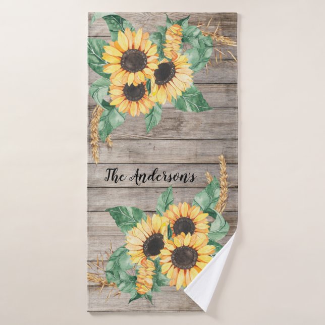 Bois rustique et tournesols  (Serviette de bain)