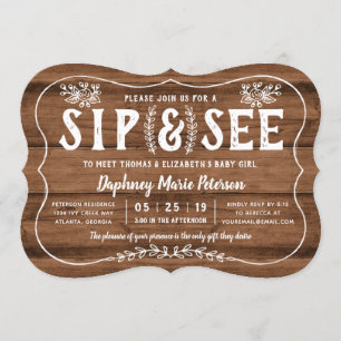 Bois rustique Sip et voir Baby shower Invitation