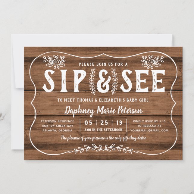 Bois rustique Sip et voir Baby shower Invitation (Devant)