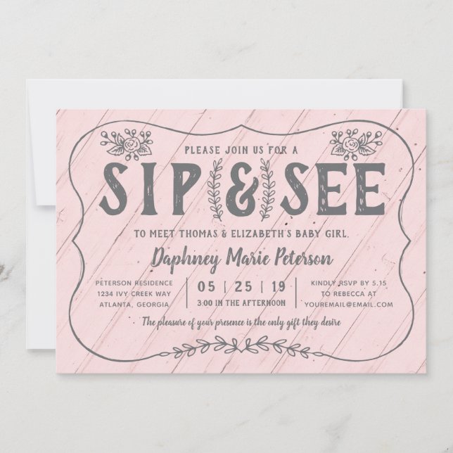 Bois rustique Sip et voir Baby shower Invitation (Devant)