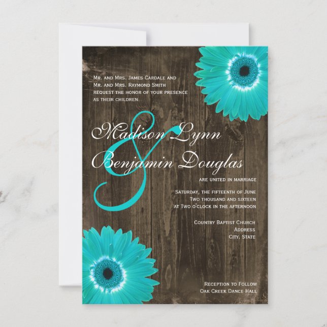 Bois rustique Turquoise Gerber Daisy Invitations d (Devant)