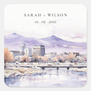 Boise, Idaho Aquarell-Landschaft-Hochzeit Quadratischer Aufkleber