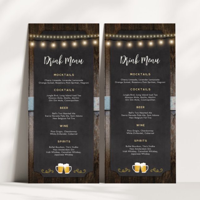 Boissons et bières rustiques 4x9 Menu boisson (Rustic Cheers and Beers Drink Menu)