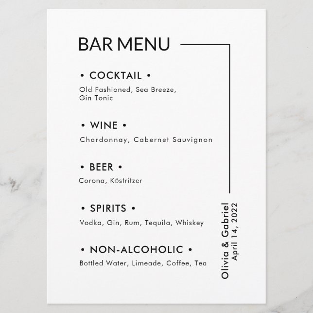 Boissons mariages. Menu à barres simple et moderne (Devant)