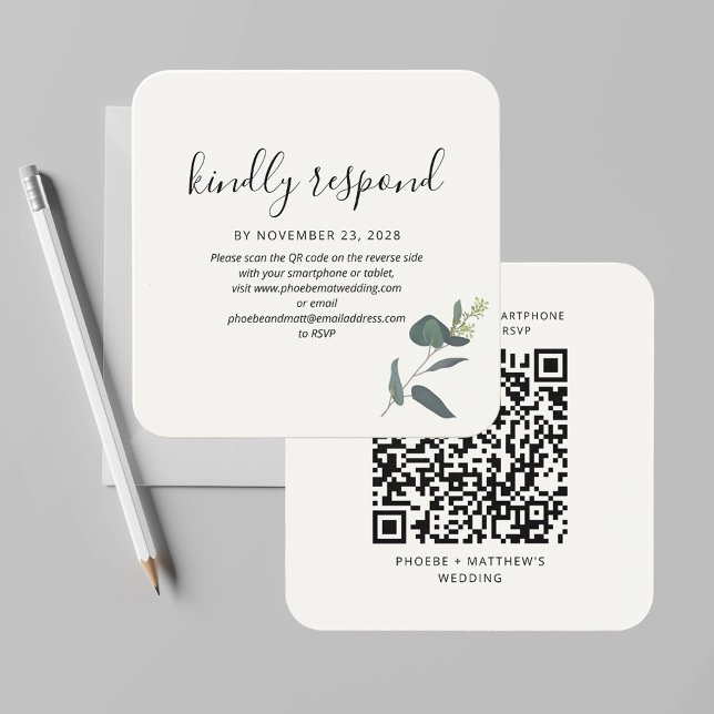 Boîtier de Mariage RSVP moderne QR Code vert (Eucalyptus Green Leaves QR Code Wedding RSVP Code)