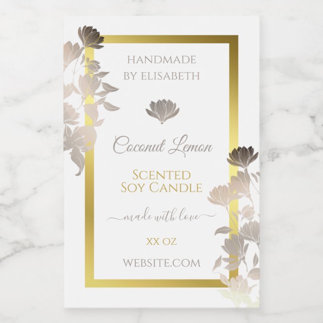 Boîtier Floral Blanc Étiquette Gold Frame (Étiquettes simples)