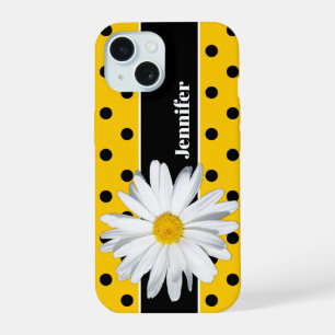 Boîtier iPhone à pois jaune et noir, fleur de marg