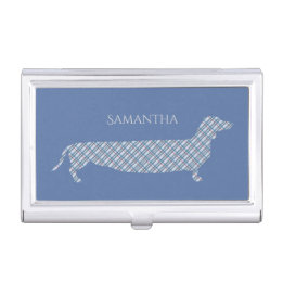 Boîtier Pour Cartes De Visite Dachshund plaid sur bleu