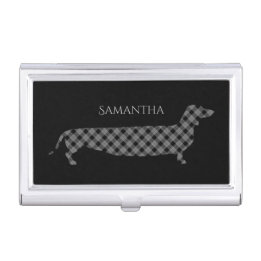 Boîtier Pour Cartes De Visite Dachshund plaid sur noir