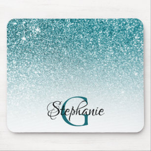 Bokeh Aquamarin Glitzer White Ombre Monogram Mousepad
