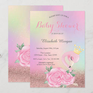 Bokeh, Baby Pink Flamingo Holographic Baby Shower Einladung