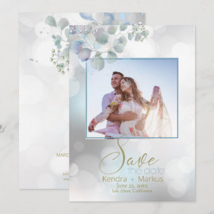 Bokeh Dusty Blue Laurel Eucalyptus Save the Date Einladung