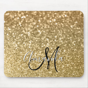 Bokeh Golden Glitzer Black and White Monogram Mousepad