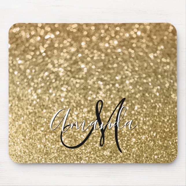 Bokeh Golden Glitzer Black and White Monogram Mousepad (Vorne)