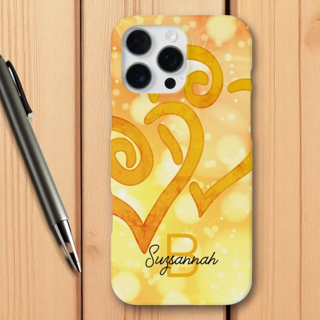Bokeh Hintergrund Gold Linked Heart Monogram iPhone 16 Pro Max Hülle (monogram & name template phone case back)