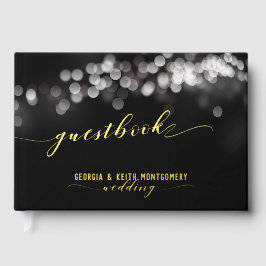 Bokeh Lights Black Gold Script Elegante Hochzeit Gästebuch