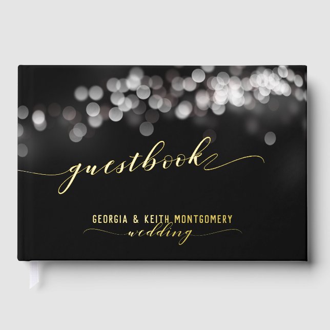 Bokeh Lights Black Gold Script Elegante Hochzeit Gästebuch (Vorderseite)