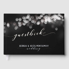 Bokeh Lights Black Silver Script Elegante Hochzeit Gästebuch