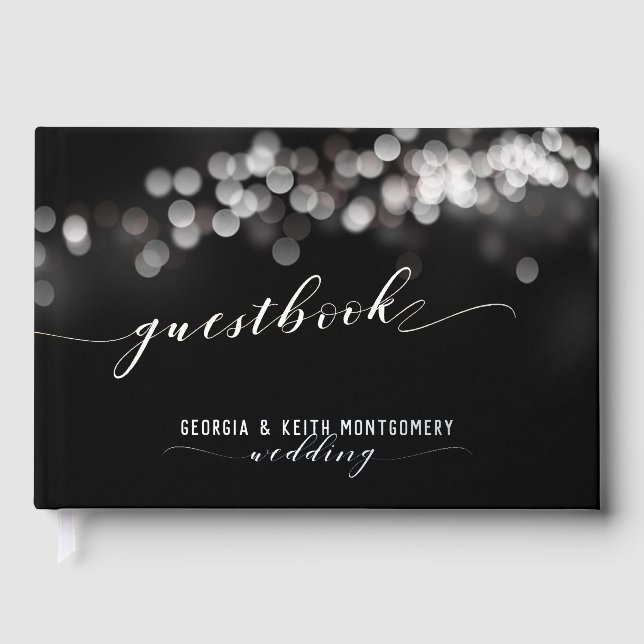 Bokeh Lights Black Silver Script Elegante Hochzeit Gästebuch (Vorderseite)