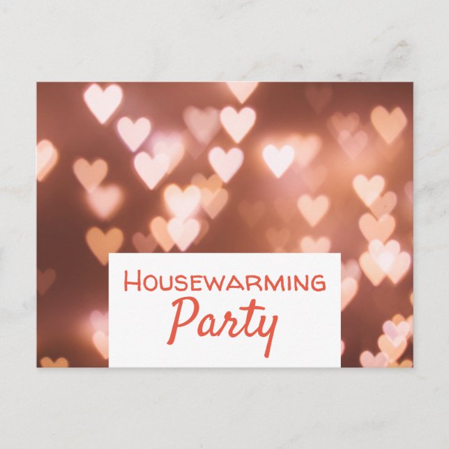 Bokeh Lights, Pink Heart Housewarming Party laden  Einladungspostkarte (Vorderseite)