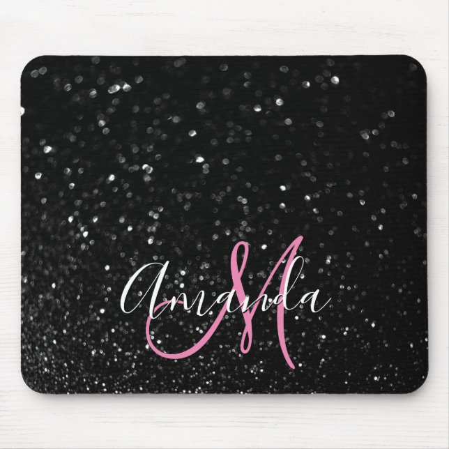 Bokeh Schwarzer Glitzer Rosa und Weiße Monogramm Mousepad (Vorne)