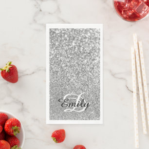 Bokeh Silver Glitzer Personalisiert Monogram Serviette