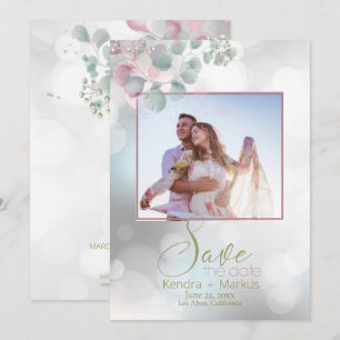 Bokeh und Rose Laurel Eukalyptus Save the Date Einladung