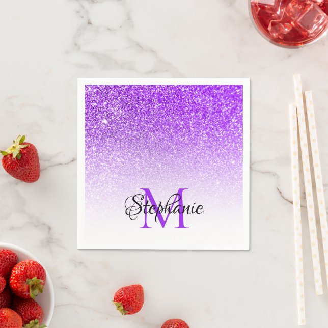 Bokeh Violet Glitzer White Ombre Monogram Serviette (Beispiel)