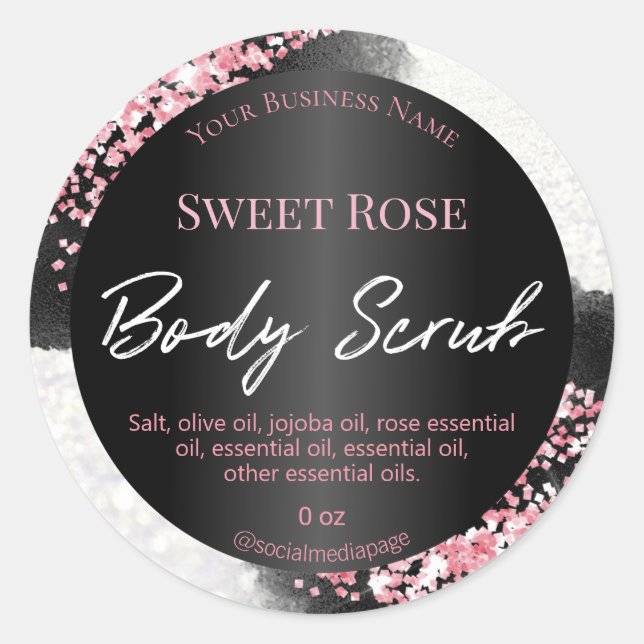 Bokeh White Black Pink Glitzer Body Scrub Labels Runder Aufkleber (Vorderseite)