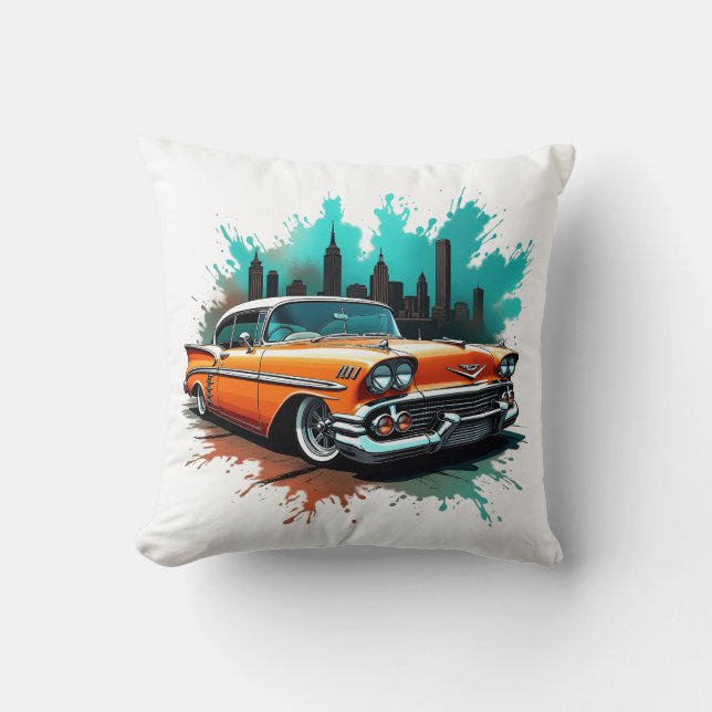 Bold 1958 Car with Skyline and Paint Splash Design Kissen (Vorderseite)