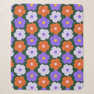 Bold 70er Retro Blume Muster Lila Grün gemütlich Sherpadecke