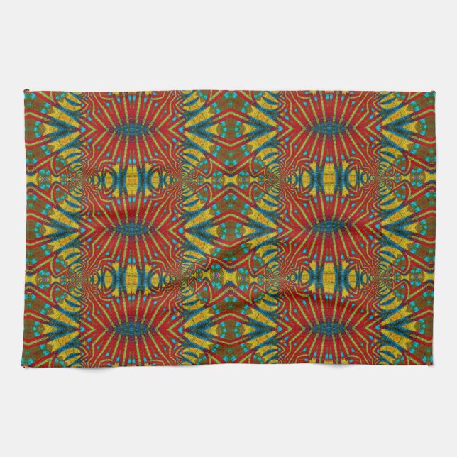 Bold Abstrakt Hippie Red Yellow Blue Ethnic Trippy Geschirrtuch (Horizontal)