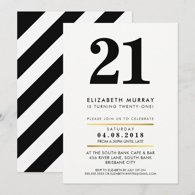 BOLD AGE NUMBER minimal Schwarz-weiß 21. INVITE Einladung (Vorne/Hinten)