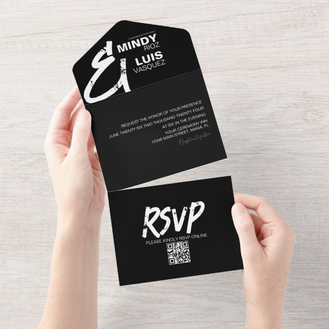 BOLD AMPERSAND Grunge Black Wedding All In One Einladung (Abreißen)