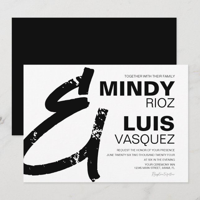 BOLD AMPERSAND Grunge Schwarz-weiße Hochzeit Einladung (Vorne/Hinten)