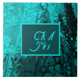 Bold Aqua Aquamarin Marble Monogram Fliese