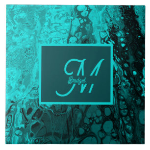 Bold Aqua Aquamarin Marble Monogram Fliese