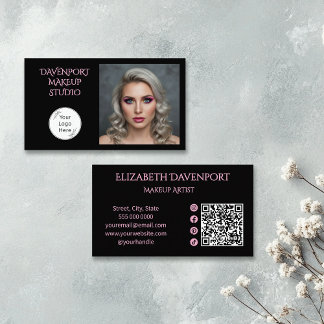 Bold Black and Blush Pink Social Icon QR Code Visitenkarte
