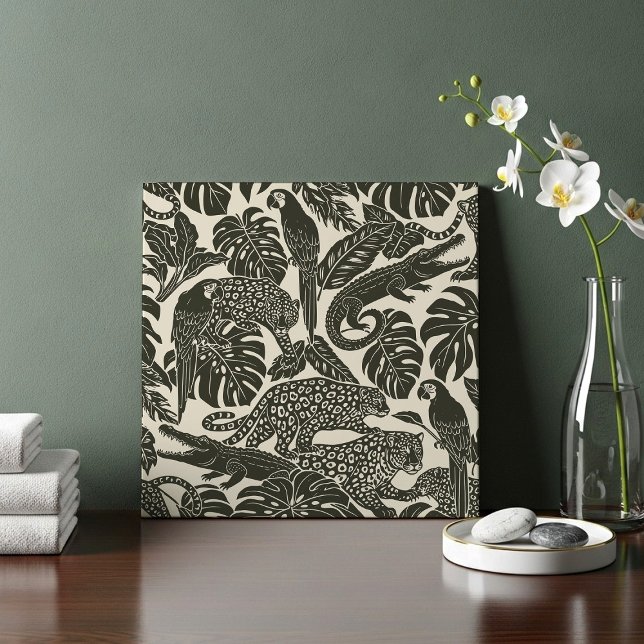 Bold Black and Cream Tropical Jungle Animals  Fliese (Von Creator hochgeladen)