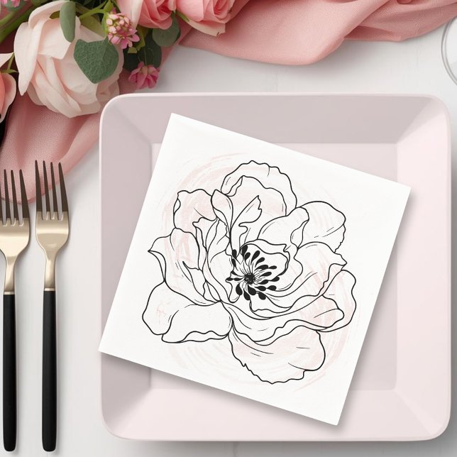 Bold Black Bloom on Soft Blush Watercolor  Serviette (Bold Black Bloom on Soft Blush Watercolor Napkins)
